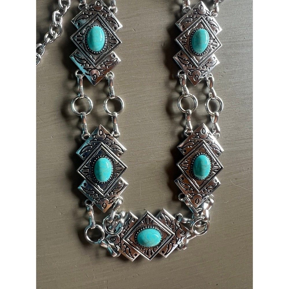 Western Metal Concho Belt OS Silver Turquoise Boho Cowgirl Waist Chain 51"